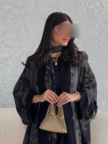 Hafizah Bộ 2 món áo Abaya bằng vải chiffon in họa tiết kèm khăn trùm đầu, áo choàng cardigan kiểu Trung Đông thường ngày. - màu đen - Xem 5