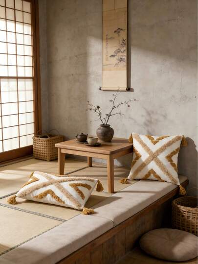 1pc Yellow Ins-Style Line Pattern Throw Pillow Cover, Tasseled Velvet Embroidered, Nordic Modern Luxury Cushion Cover Suitable For Homestay, Living Room, Bedroom, Sofa, Headboard, Outdoor Patio, Garden, Holiday Party, Car, All Seasons, Without Insert, Size: 30*50cm, 45*45cm