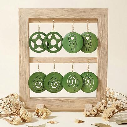 4 Pairs Bohemian Style Spiral Wooden Pendant Earrings | Geometric Oval Pendant, Lightweight, Suitable For Party And Daily Wear, Perfect Holiday Gift