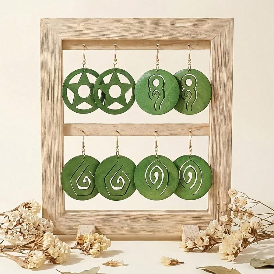 4 Pairs Bohemian Style Spiral Wooden Pendant Earrings | Geometric Oval Pendant, Lightweight, Suitable For Party And Daily Wear, Perfect Holiday Gift - Multicolor - View 1