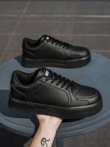 Men's Minimalist Fashion Solid Color Patchwork Letter Print Black Skate Shoes, Versatile Outdoor Commute Sports Sneakers - Black - View 8