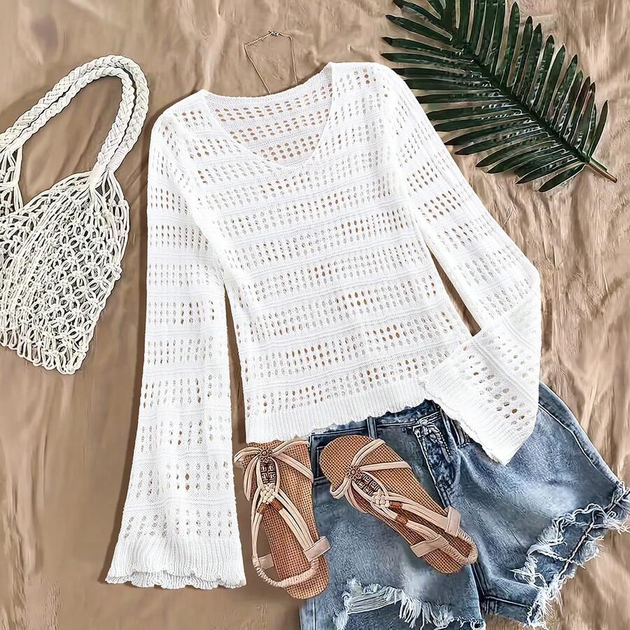 V-Neck White Versatile Hollow Out Ruffle Hem Pullover Sweater, Suitable For Summer Beach - White - View 1