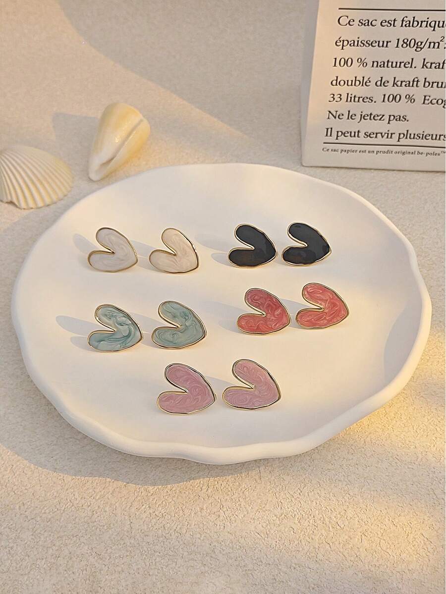 Pink Enamel Heart Stud Earrings For Women Gold Plated Asymmetric Heart Earrings Sweet Fashion Daily Jewelry Summer Beach Vacation Bikini Accessories Attractive Clothes, Wedding Dresses Accessories - Versatile JewelryPerfect For Wearing While Swimming, Bathing, Exercising, Great For Valentines Day, Birthday, Mother Day, And Vacation Surprises.