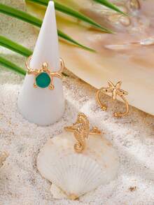 3pcs/Set Beach Vacation Seahorse, Turtle, Starfish Ring Set, Boho Style Ocean Animal Rings, Matching Well With Bikini Swimwear - Multicolor - View 2