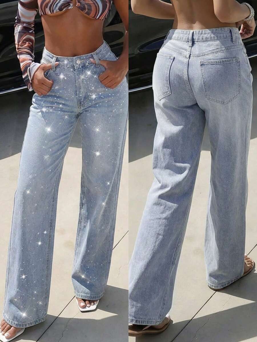 Quần jeans ống rộng cạp trung đính đá lấp lánh phong cách Y2K dành cho nữ, kiểu dáng vintage, chất liệu denim mài bóng. - Rửa nhẹ - Xem 1