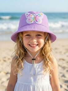 1pc Girls' Sequin Butterfly Bucket Hat, Spring/Summer Children Sun Hat, Adjustable Toddler Windproof Bucket Hat - Purple Bow - View 6