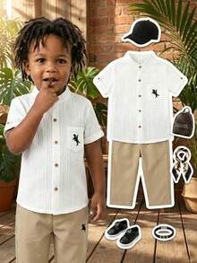 1 Peça Conjunto Casual para Menino Jovem, Tecido de Poliéster de Cor Sólida com Gola Padre, Confortável e Elegante, Adequado para Escola e Uso Diário, Uma Escolha Ativa e Minimalista para o Verão de um Garotinho - Caramelo - Visão 8