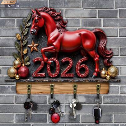 2D Plane, 1 pièce de décoration de porte-clés en forme de cheval rouge 2026, porte-clés mural en bois multifonctionnel avec quatre crochets, décoration murale, décoration de porche, décoration de chambre, décoration de villa, décoration suspendue saisonnière pour la maison. Convient pour la famille, les manteaux, les chapeaux, les serviettes, la cuisine, la salle de bain - Facile à installer, peut accrocher les portes, les parapluies, les imperméables, les sacs