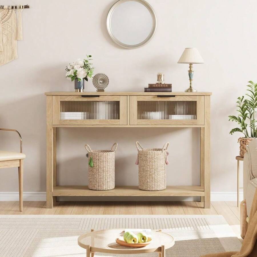 Mesa Consola de Madera para Entrada, Mesa de sofá de 2 Niveles con 2 cajones de Vidrio y Almacenamiento, Ideal para Sala de Estar y vestíbulo - color de madera natural - Ver 1