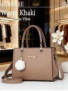 Ladies' Handbag With Pom Pom Pendant, Best Mother's Day Gift Ideas, Mother Day Gifts, Mom Gifts, Mommy's Essentials, Mommy Bag For Going Out - Màu Khaki - Xem 4