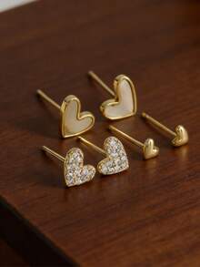 6pcs/Set Luxury Synthetic Zirconia Heart Shaped Earrings, Sparkling & Elegant, Versatile Jewelry Gift For Valentine's Day - Gold - View 5