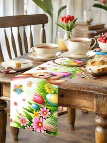 1pc 35*180cm Polyester Easter Farm Style Table Runner, Featuring Vivid Rabbit, Eggs And Basket Patterns, Suitable For 2025 Easter Home Decor, Kitchen Dining Table Decoration, Spring Holiday - Multicolor - View 9
