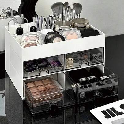 4 Drawers Desktop Makeup Organizer: The Perfect Solution For Storing Your Makeup, Brushes, Skincare Products & More! Dormitory Desktop Pen Holder Acrylic Drawer Storage Box