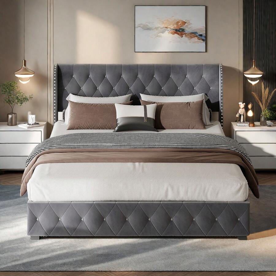 Upholstered Bed, Hydraulic Double Bed, Bed Frame, Storage Beds, 140/160/180x200cm, Velvet, Without Mattress, Dark Grey (2 Packs) - 深灰色 - 查看 1