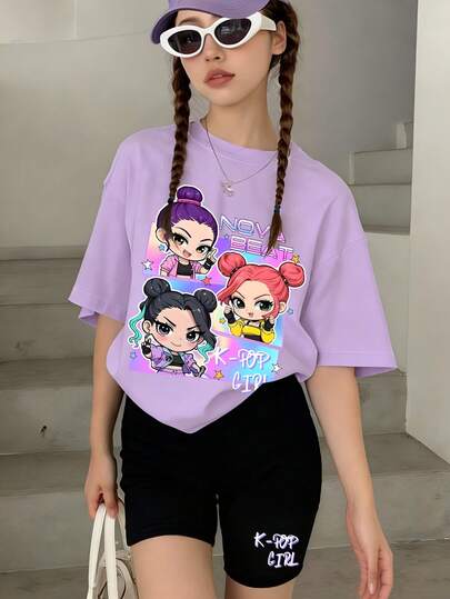 2 piezas Conjunto informal para niñas, Camiseta oversize con gráfico de grupo de chicas K-POP Chibi, Conjunto de shorts ciclistas a juego "K-POP GIRL", para volver a la escuela, conciertos, ocio diario, uso en verano