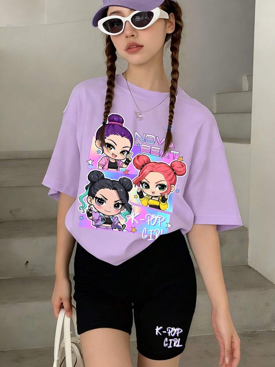 Bộ đồ thường ngày 2 món cho bé gái, áo thun oversized in hình chibi nhóm nhạc nữ K-POP và quần short biker cùng màu in chữ "K-POP GIRL", thích hợp cho mặc hàng ngày, mùa hè. - Màu tím - Xem 1
