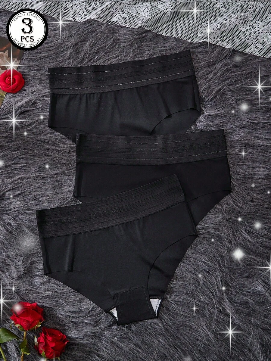 3pcs Ladies' Panties Home Ladies' Mid-Rise Panties Black Panties Transparent Wide Waistband Non-Marking Panties Simple Style Black Triangle Panties - Multicolor - View 1