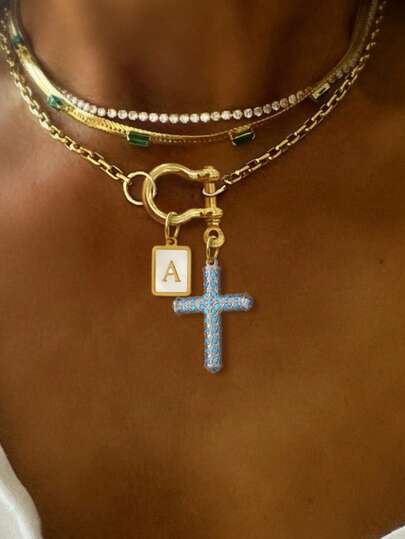 STYLEVER 1pc Gold Letter Necklace, Horseshoe Chain, Silver-Blue Cross Pendant Necklace, Stainless Steel Chain. Suitable For Work, Daily Use, Party, Banquet, Ball Decoration. Unique Luxury Women's Bracelet.