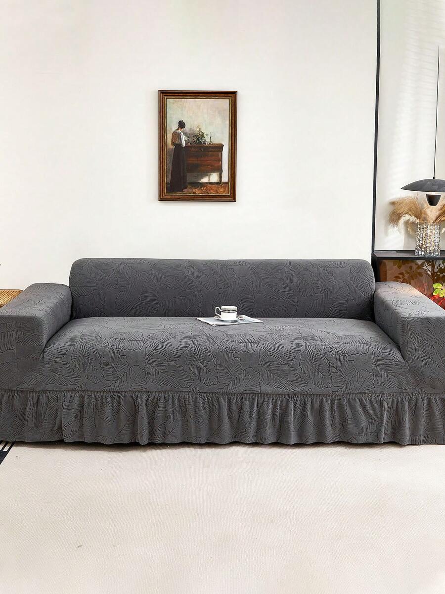 1件深灰色提花叶子图案沙发套，弹性全包覆式沙发保护套，防尘防污，可水洗，不含枕套 - 深灰色 - 查看 1