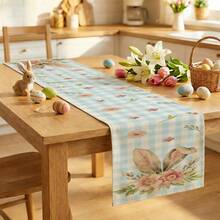 1 件可重复使用的复活节厨房桌布，饰有复活节兔子耳朵、印花和蓝色格子图案。采用亚麻面料制成，是家居餐桌装饰、派对装饰、节日装饰和庆典用品的理想之选。提供多种尺寸，也适合作为礼物。 - 彩色 - 查看 1