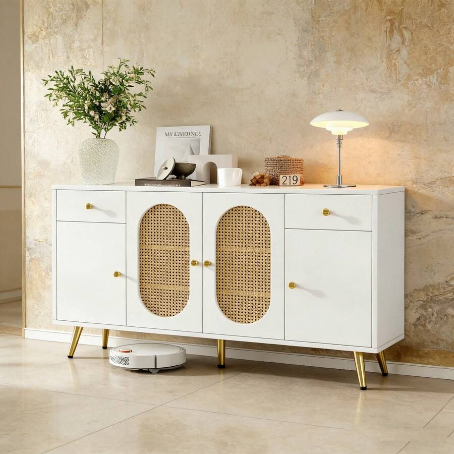 Commode-buffet 140 cm (35x82 cm) blanc et teintes naturelles : 2 tiroirs, 4 portes et tablettes réglables pour salon ou cuisine - défaut - Voir 1