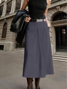 女士时尚黑色A字中长裙 - 高腰，A字裙摆设计，涤纶面料，适合通勤或休闲穿着，四季皆宜（无需腰带）春季 - 深灰色 - 查看 2