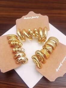 Juego de 3-9 pares de pendientes vintage con baño de oro, 9 estilos para mezclar y combinar, adecuado para ir al trabajo o a una fiesta, el brillo del metal de alta gama realza el resplandor de la piel, aros en forma de C, texturas, diseños geométricos, cubriendo todos los elementos, accesorio de joyería esencial para mujeres - Dorado - Ver 7