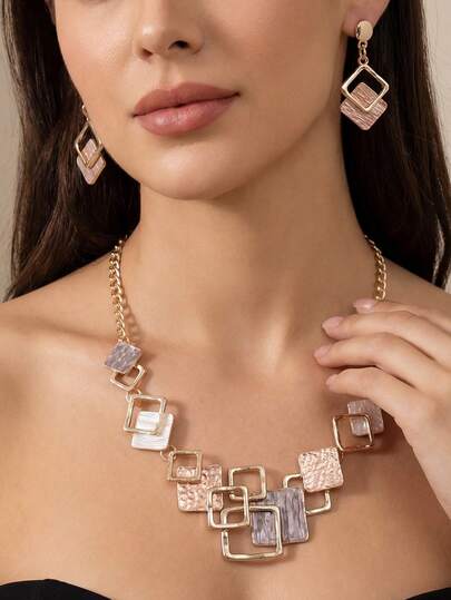 Cring Coco مجموعة قلادة وأقراط من المينا بطراز بوهيمي أنيق للنساء، بنمط هندسي بسيط باللون الخاكي والذهبي، مناسبة للارتداء اليومي والحفلات والعطلات والأعياد والمهرجانات