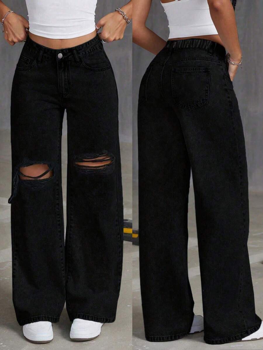 Jeans azul claro rasgados de moda para adolescentes. Elegante y versátil para todas las estaciones, pantalones vaqueros esenciales dulces y elegantes. - Negro - Ver 1