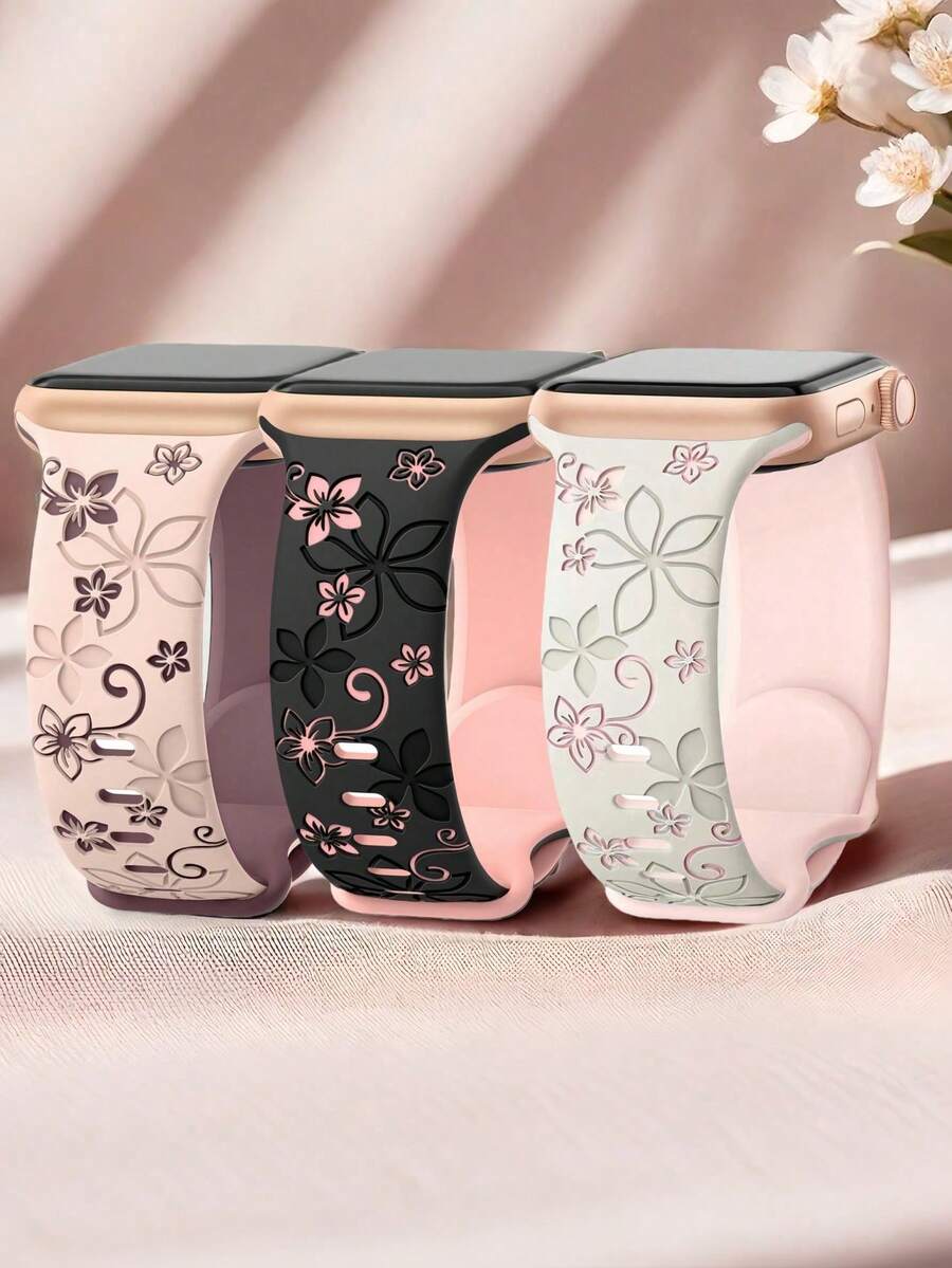 3条装花卉雕刻表带，兼容表带41mm、40mm、44mm、45mm、46mm、42mm、38mm、49mm，女士款，可爱花朵表带，柔软硅胶运动表带，兼容 Series SE、11、10、9、8、7、6、5、4、3、2、1、Ultra