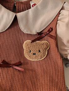 Baby Girls' Fashion Casual Cute Set, Bow Bear Patch Lapel Simple Top + Pleated Patch Skirt - Brown - View 5