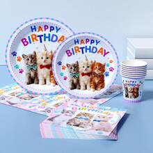 49/25/8pcs Assiettes, serviettes et gobelets jetables mignons avec motif chat pour anniversaire, ensemble de fournitures de fête jetables, convient pour 8 invités, assiettes en papier jetables, vaisselle de table de fête convenant pour anniversaire, mariage, fête à thème, pique-nique familial - Multicolore - Voir 3