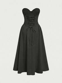 Elegante vestido de estilo princesa con escote en V, lazo decorativo, sin tirantes y espalda descubierta, ajustado y elegante para mujeres - Negro - Ver 10