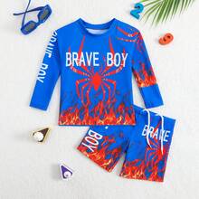 男童卡通火焰蜘蛛印花长袖两件式泳衣 - 藍色 - 查看 6