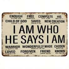 1 Pc 2D Flat, "I AM WHO HE SAYS I AM" Christian Metal Tin Sign With 20+ Bible Verses - Rustic Distressed Finish Wall Art For Home, Office, Bedroom - Inspirational Spiritual Decor & Perfect Gift For Men & Women, Inspirational Wall Decor, Versatile Room Accent, Durable Construction, Perfect For Room Decor - Retro Kitchen Decor, Pre-Drilled Holes, Random Hole Style - Metal Wall Art, Tin Signs, Vintage Metal Signs, Retro Wall Decor, Rustic Metal Art, Cool Metal Signs, Man Cave Decor, Garage Signs, Classic Metal Art, Unique Wall Art - Nhiều màu - Xem 1