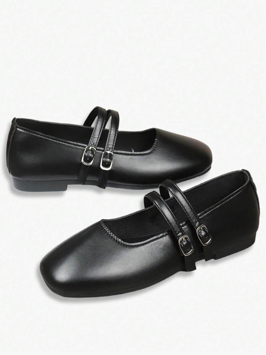 女士复古双扣玛丽珍鞋，黑色柔软皮革套脚休闲舒适日常鞋 - 黑色 - 查看 1