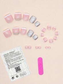 24片装短款方形脚趾甲贴纸套装，瞬间提升您的美甲档次！简约优雅的白色法式风格，3D水钻装饰，粉色和闪亮银色假指甲，全覆盖式美甲贴纸，适合女性和女孩。套装包含1张贴纸、1个迷你指甲锉、果冻胶，随机发货。美甲用品 - 粉色 - 查看 2