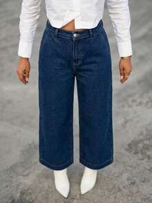 Quần jeans ống rộng cạp cao, dài đến 7/8, kiểu dáng công sở Pháp, chất liệu denim xanh đậm với thiết kế xếp ly, phù hợp cho nữ giới mặc đi làm hàng ngày và đi chơi thường ngày. - Màu xanh lam - Xem 6