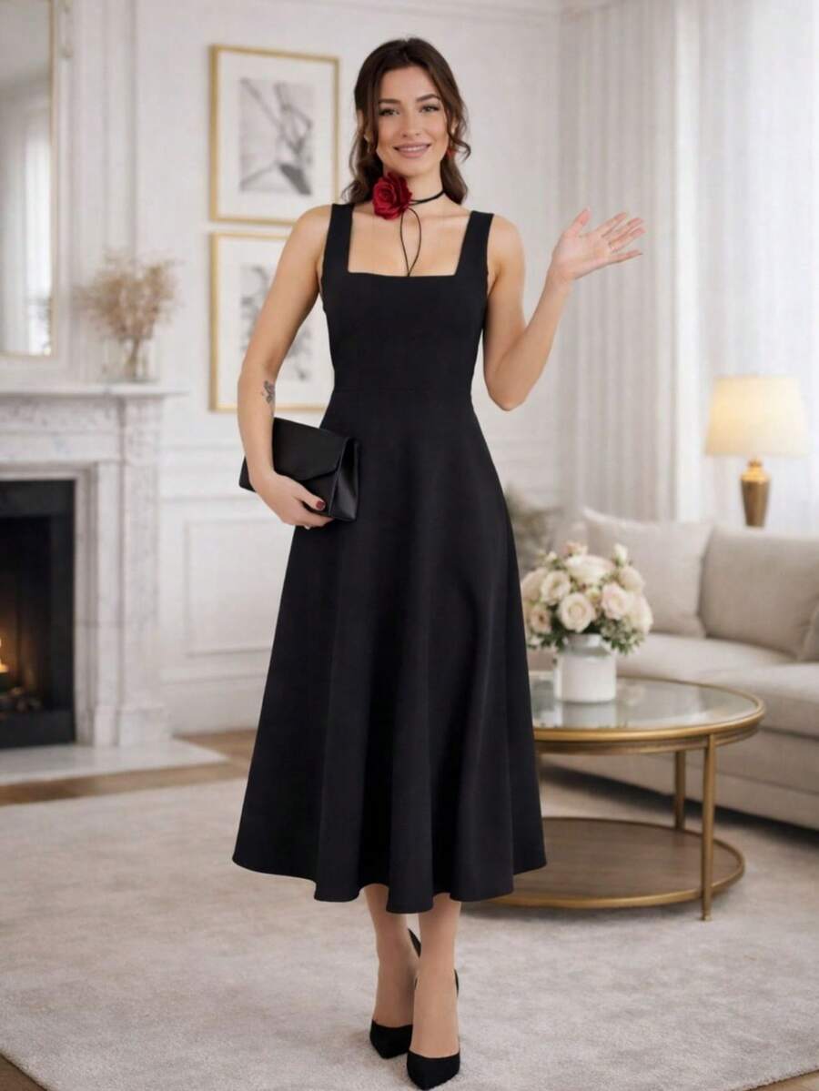 Women's Midi Dress With Square Neckline And Defined Waist - 黑色 - 查看 1
