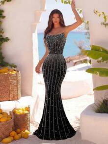 ADYCE 女士手工串珠压花露背高腰长款派对礼服，适合舞会、生日派对、正式晚宴、约会、返校节、婚礼宾客、盛大晚宴、家庭聚会、新年等各种场合，情人节春季黑色款 - 黑色 - 查看 7