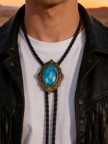 1件时尚百搭蕾丝椭圆形蓝色树脂项链，领结衬衫皮革长项链，个性化简约编织男女通用颈链，情人节派对礼物，日常佩戴 - 復古銀色 - 查看 13