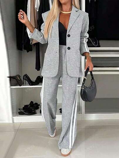 优雅女士纯色拼接缎带口袋前开襟纽扣休闲办公套装，适合通勤和日常休闲穿着