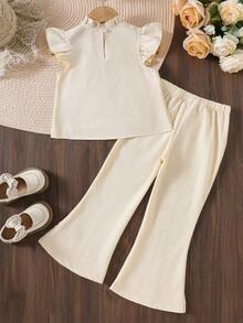 Young Girls Spring/Summer 3D Pearl Flower Cap Sleeve Top + Lace Hem Flared Pants Elegant Sweet 2-Piece Set - Apricot - View 2