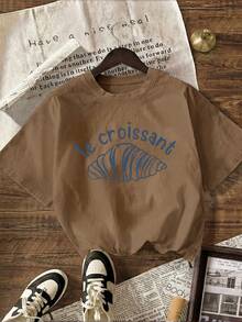 女士休闲羊角面包印花圆领短袖 T 恤 - 棕色 - 查看 1