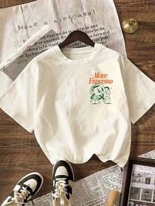 More Espresso Coffee Club Graphic Print Round Neck Short Sleeve T-Shirt, Casual Summer - Apricot - View 2