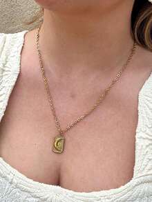 1件装不锈钢防水长方形吊坠项链，简约优雅金色日月图案，女士款 - Necklace - 查看 1