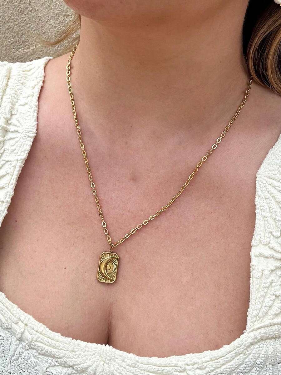 1件装不锈钢防水长方形吊坠项链，简约优雅金色日月图案，女士款 - Necklace - 查看 1