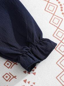 Young Girl Ruffle Trim Flounce Sleeve Bow Front Dress - Dark Wash - View 4