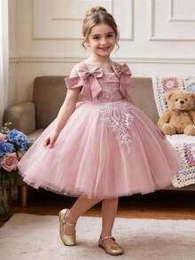 Young Girl Pink Lace Floral Beaded Bow Tulle Party Dress, Elegant Princess Gown Suitable For Girl's Birthday Party, Prom, Wedding Flower Girl - Pink - View 5