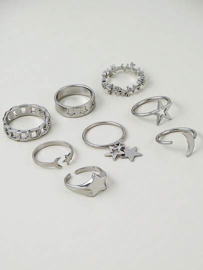 8pcs Delicate Star & Moon Adjustable Ring Set, Suitable For Women's Daily, Date, Birthday Party, Layering Accessory